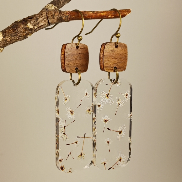 Hand Crafted Jewelry - HAND CRAFTED EARRINGS Wood Acrylic Dandelion Statement Dangle Drop